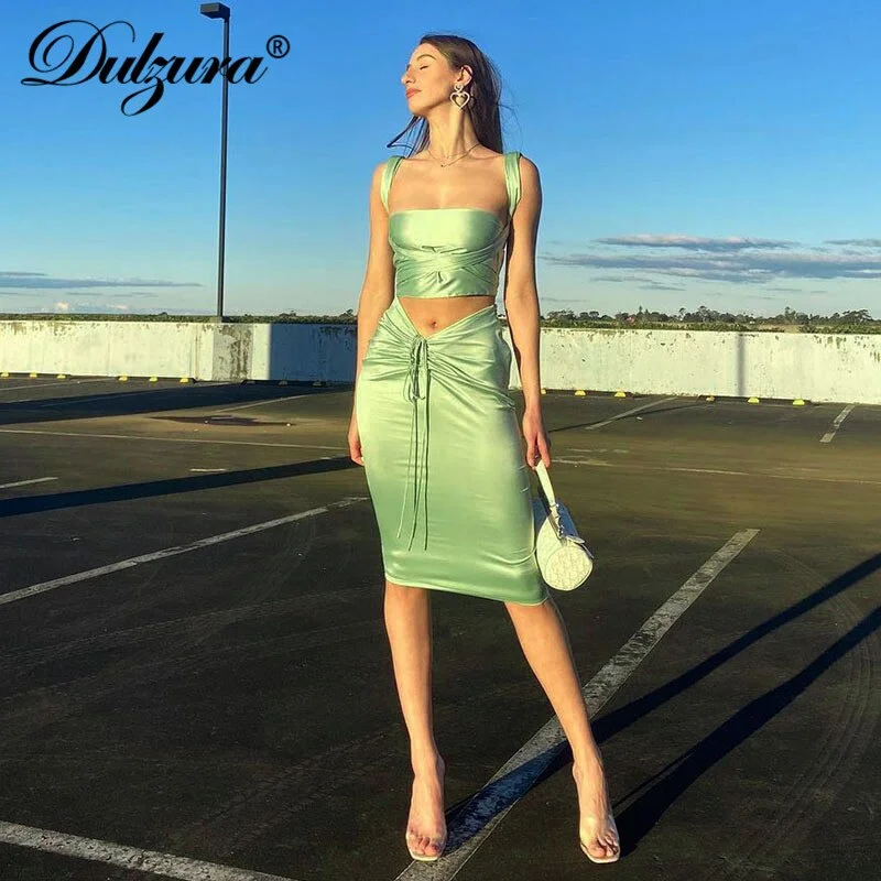 Dulzura Satin Women Two Piece Set Lace Up Bandage Crop Top Strap Camis Ruched Drawstring Midi Skirt Elegant Party 2021 Summer