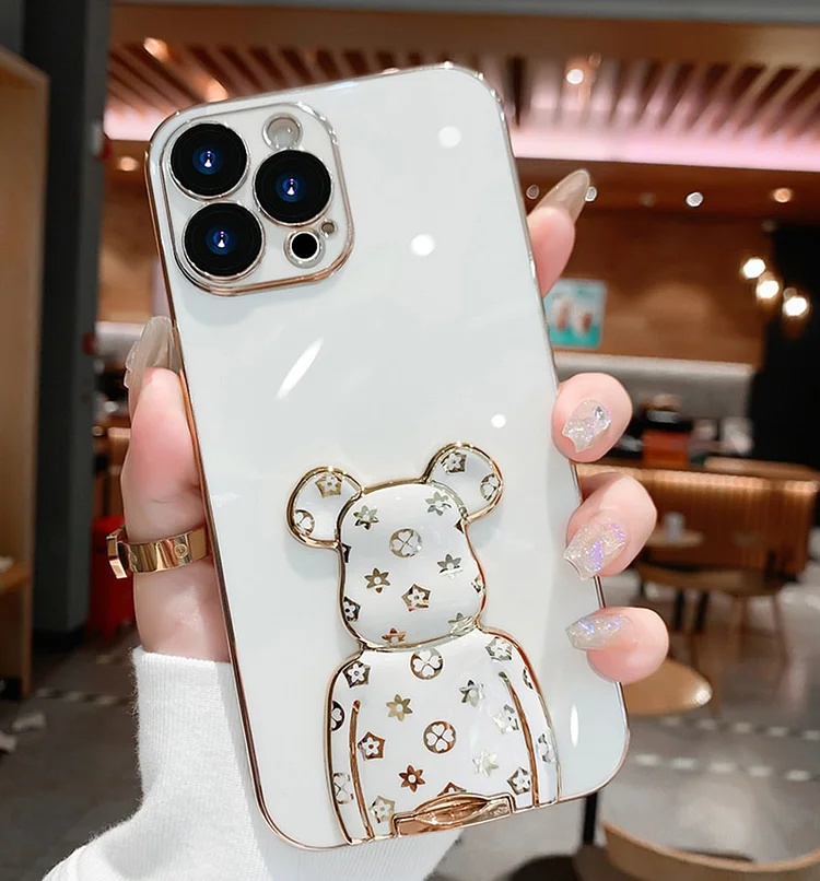 New Cartoon Cute Stand Holder Case For IPhone 15 14 Pro Max 11 12 13 14 15 Pro Max Funda Camera Plating Silicon Kickstand Cover