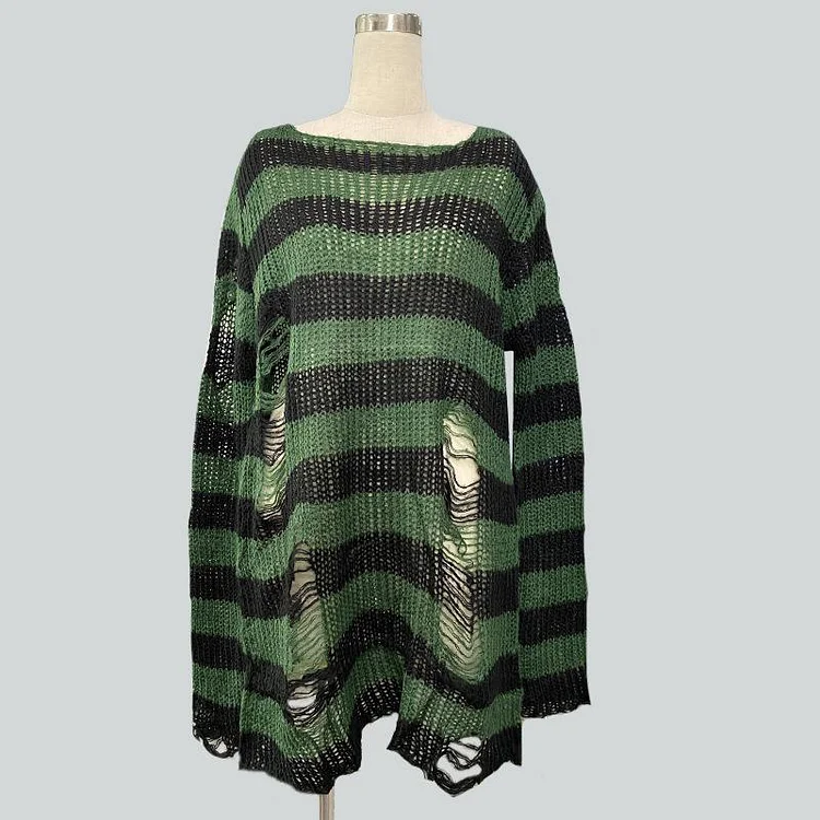Casual Striped Colorblock Hole Ripped Long Sweater - Modakawa modakawa