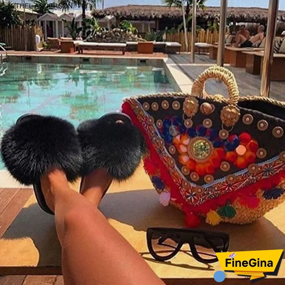 New Hot Fashion Ladies Girls Hairy Slippers Women Fox Fur Slippers Sandals Fluffy Fur Slides Beach Shoes Plus Size