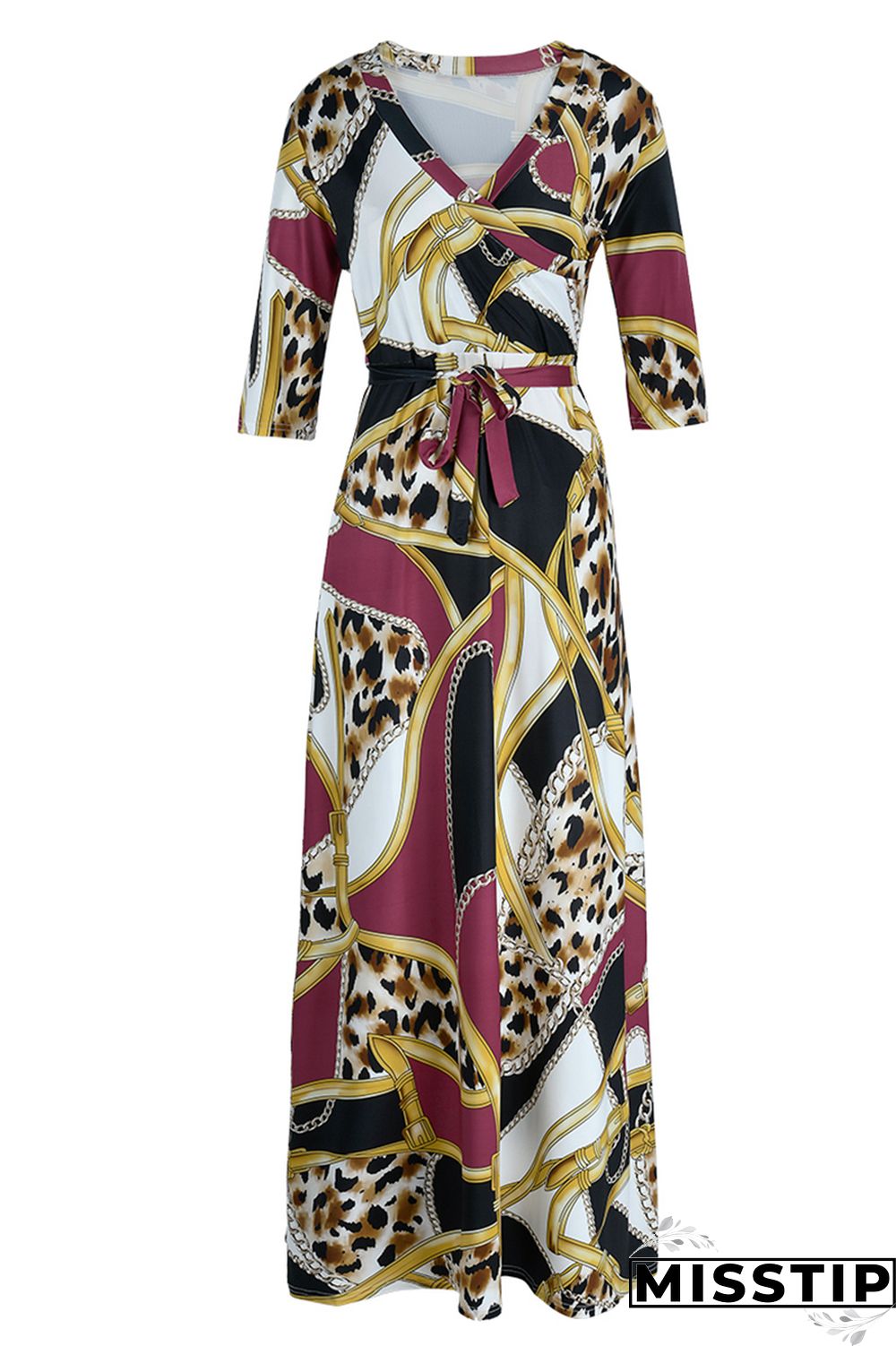 Brown Fashion Casual Print Bandage Patchwork V Neck Long Dress