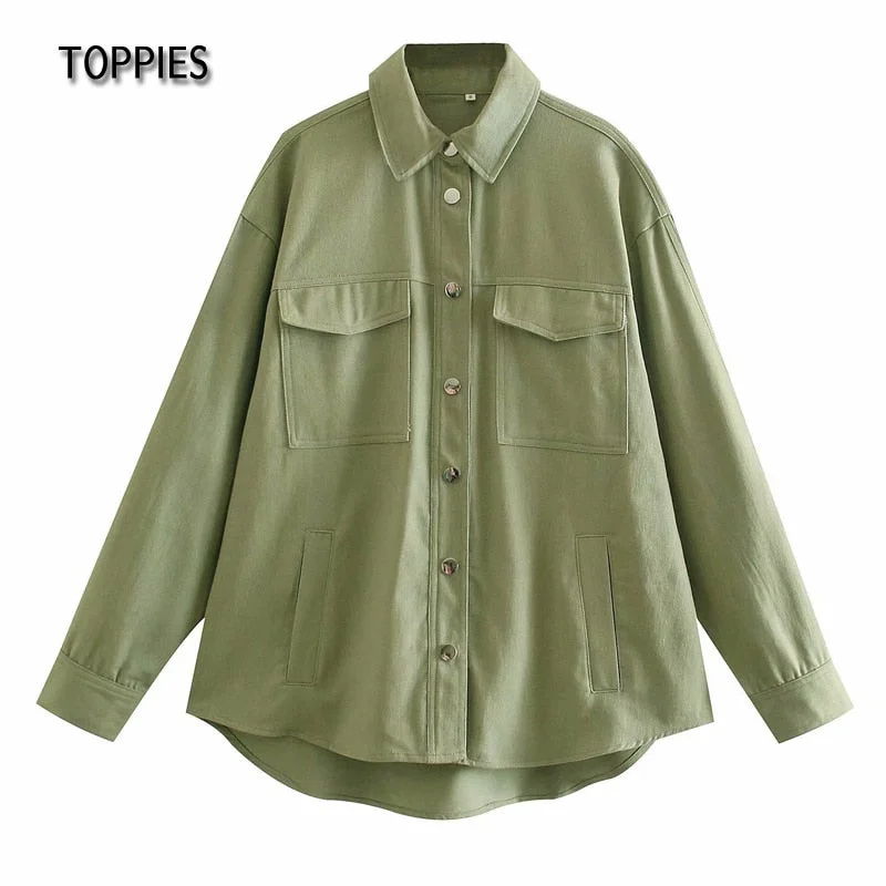 Toppies Green Cotton Shirt Jacket Button Down Loose Coat Women Long Sleeve Pockets Jacket Streetwear