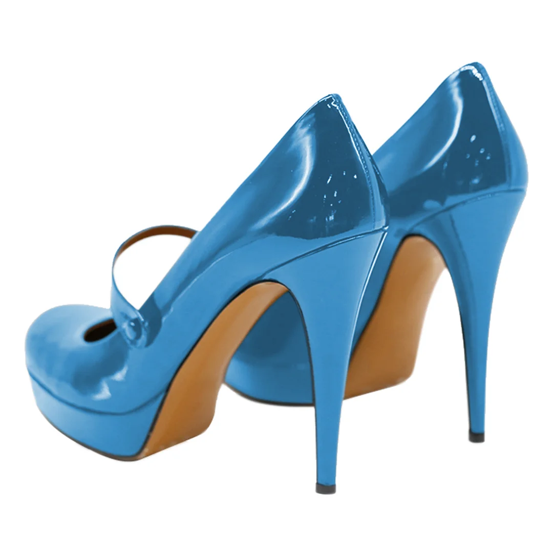 Patent Leather Buckle Strap Platform Mary Jane High Heels in Blue