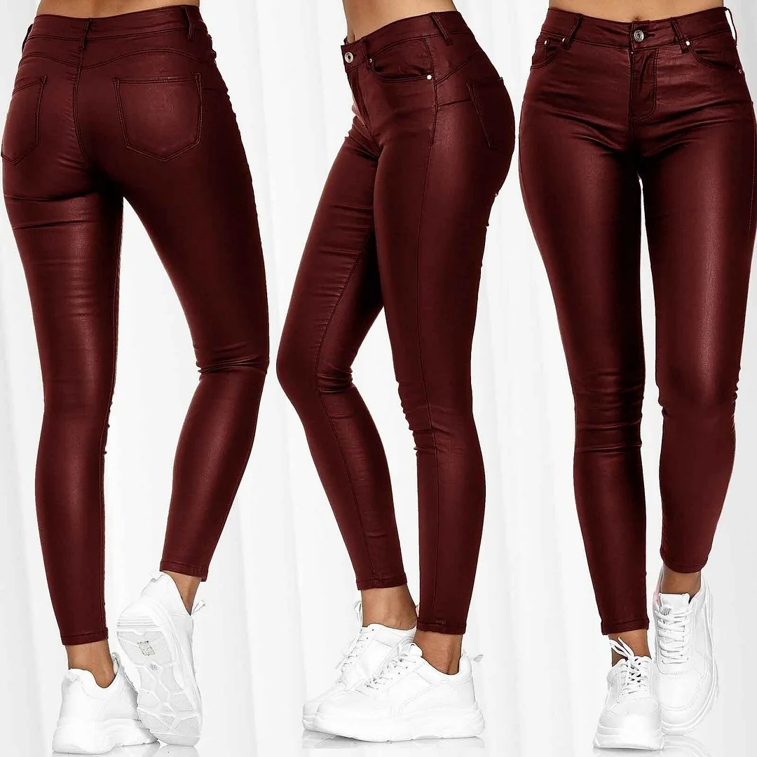 Leather Casual Pants Small Feet Pants Women Warm Trousers Sexy Tight-Fitting Ladies Stretch High-Waist Pants Fashion Pure Color