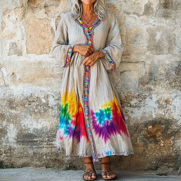 Women's Tie Dye Art Print V-neck Loose Midi Dress