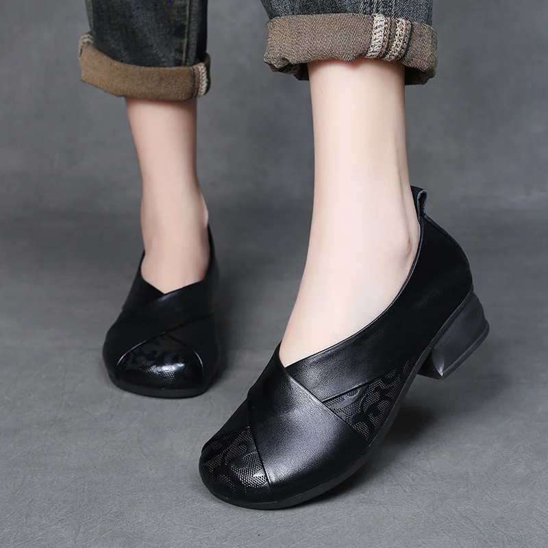 Yyvonne Layer Of Cowhed Leather Retro Windy Mother Shoes Autumn New Soft-Soled Single Shoes Women Casual Small Leather Shoes