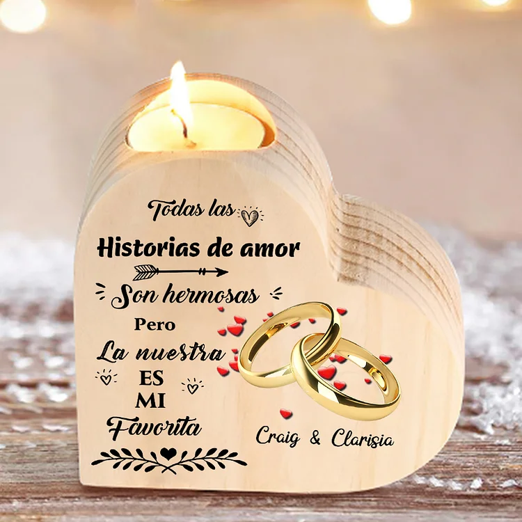 Candelero de madera para pareja con texto amoroso y anillos sin vela personalizado con nombres