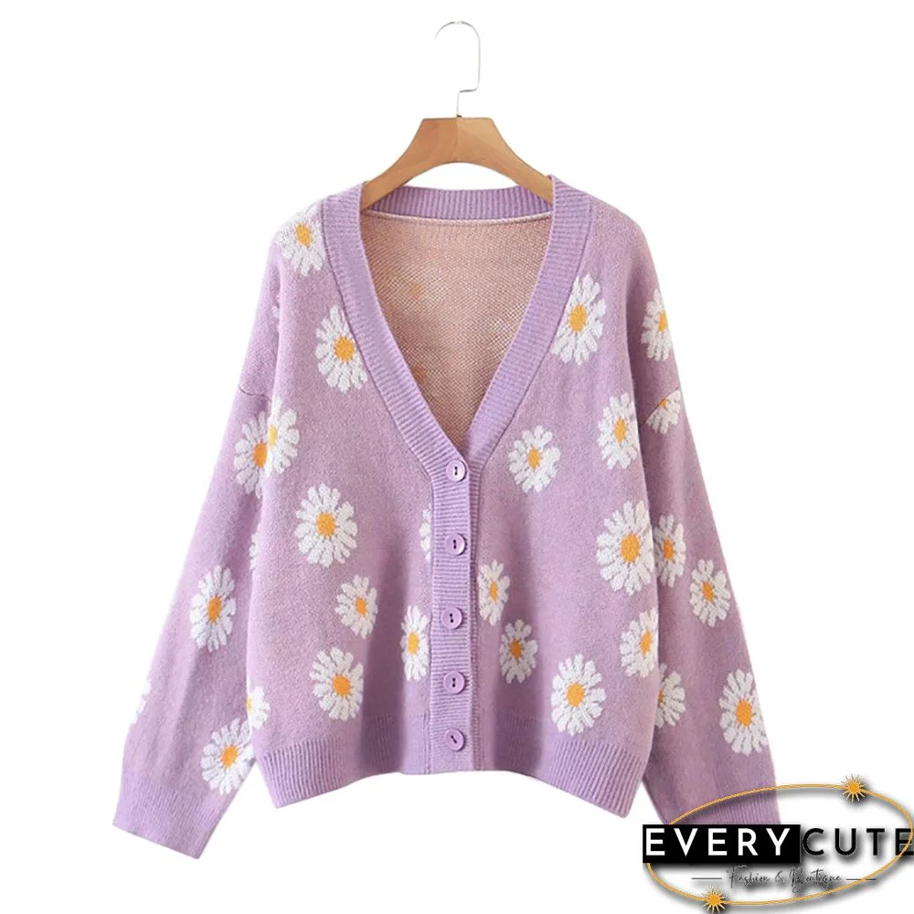 Purple Chrysanthemum Print Knitted Cardigan
