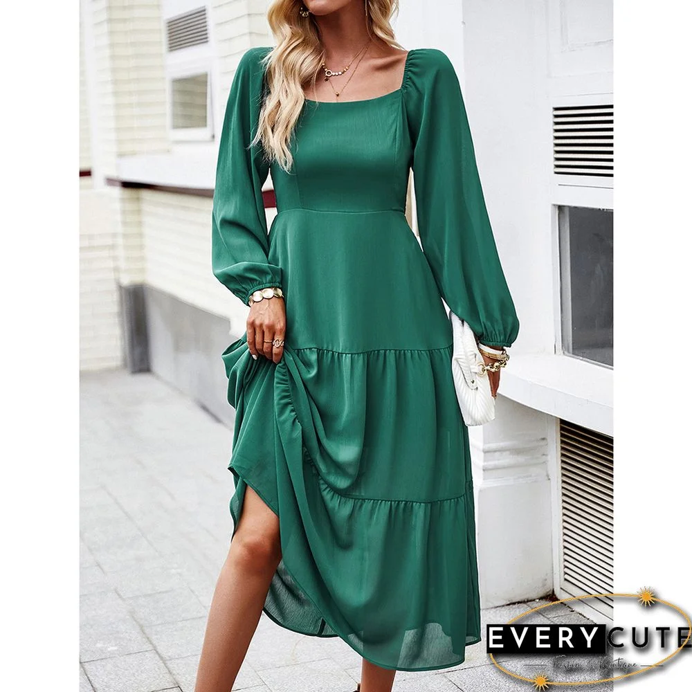 Green Solid Square Neck Pocket Long Sleeve Dress