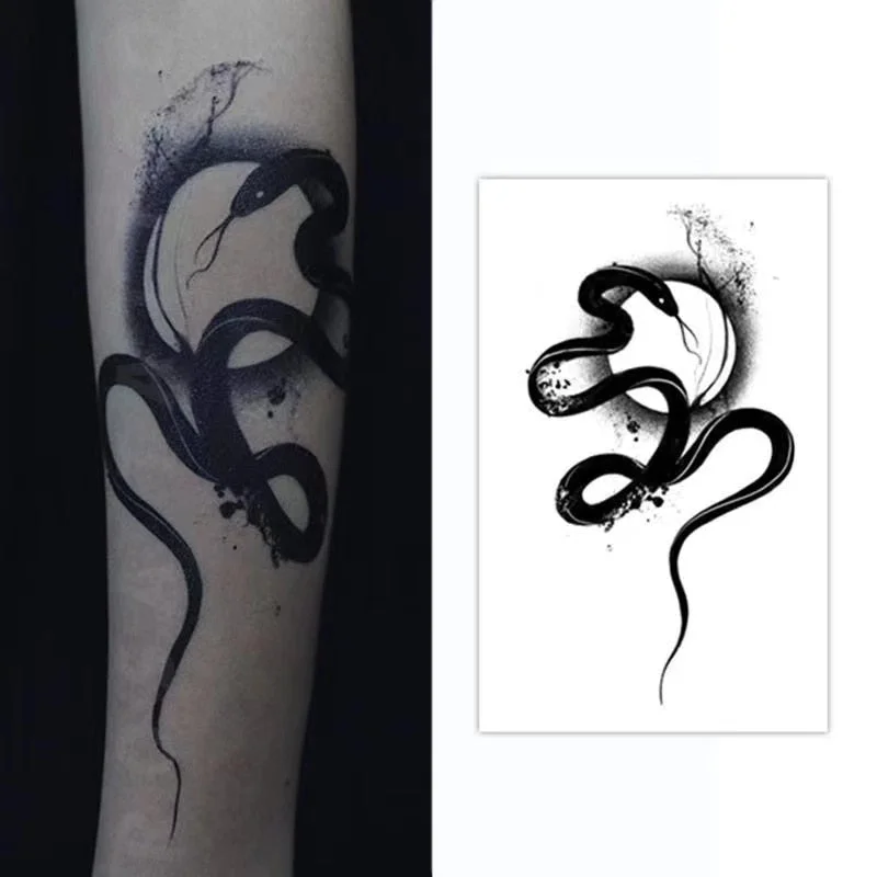 Black Snack With Moon Fake Tattoo Stickers For Men Women Arm Waterproof Body Art Temporary Tattos Flash Animal Decals Tatoos
