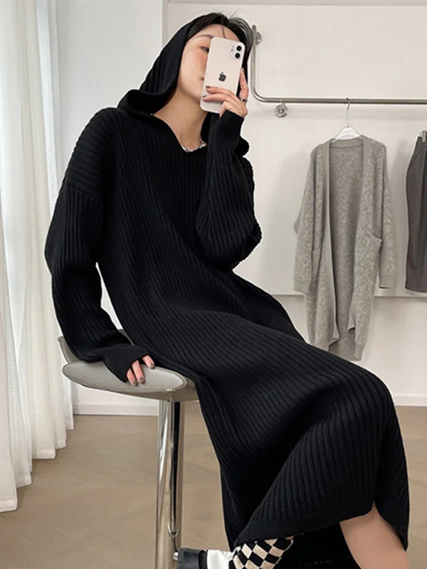 Stylish Long Sleeves Loose Solid Color Hooded Sweater Dresses