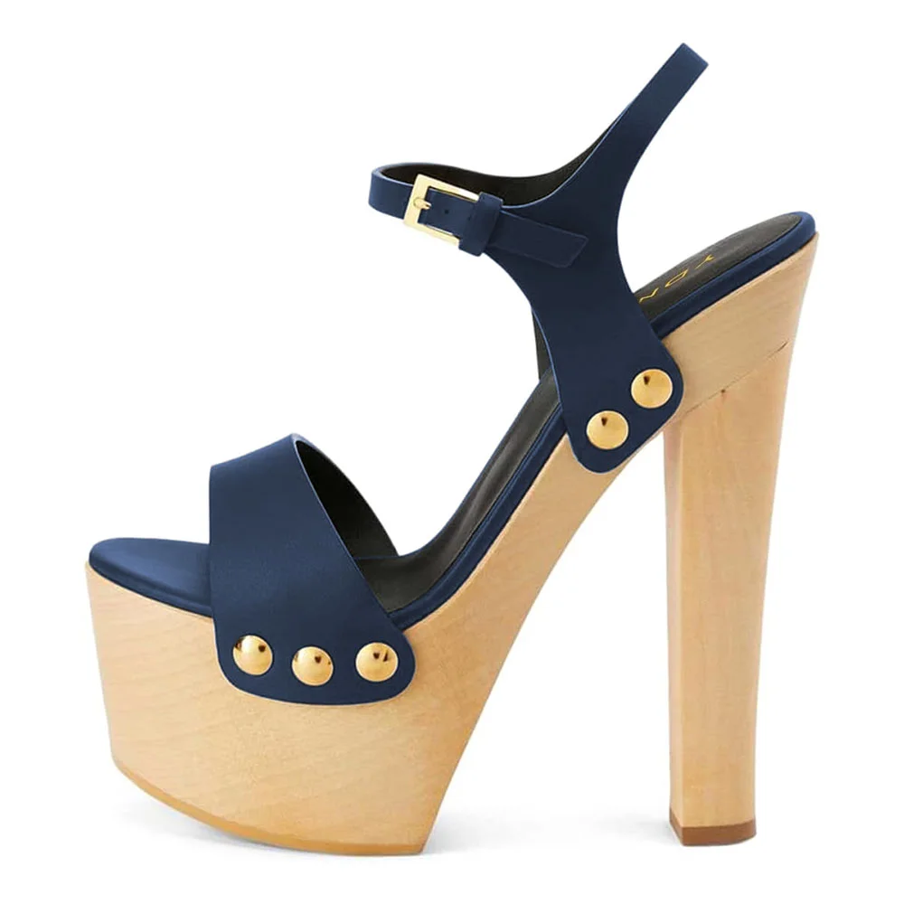 Navy Open-Toe Ankle Strap Studded Platform Sandals with Chunky Heels