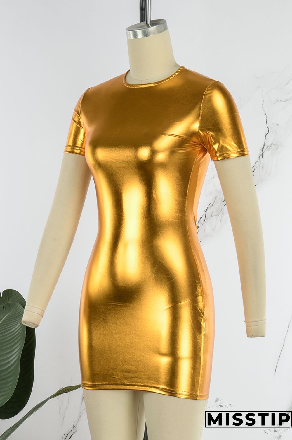 Gold Casual Solid Basic O Neck Short Sleeve Dress