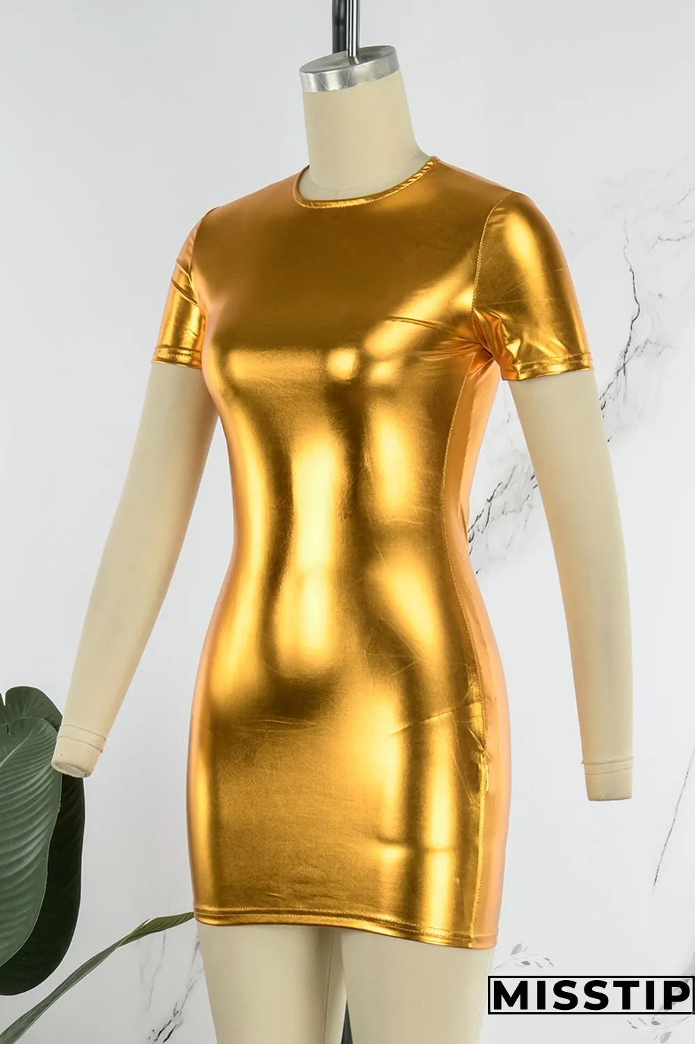Gold Casual Solid Basic O Neck Short Sleeve Dress