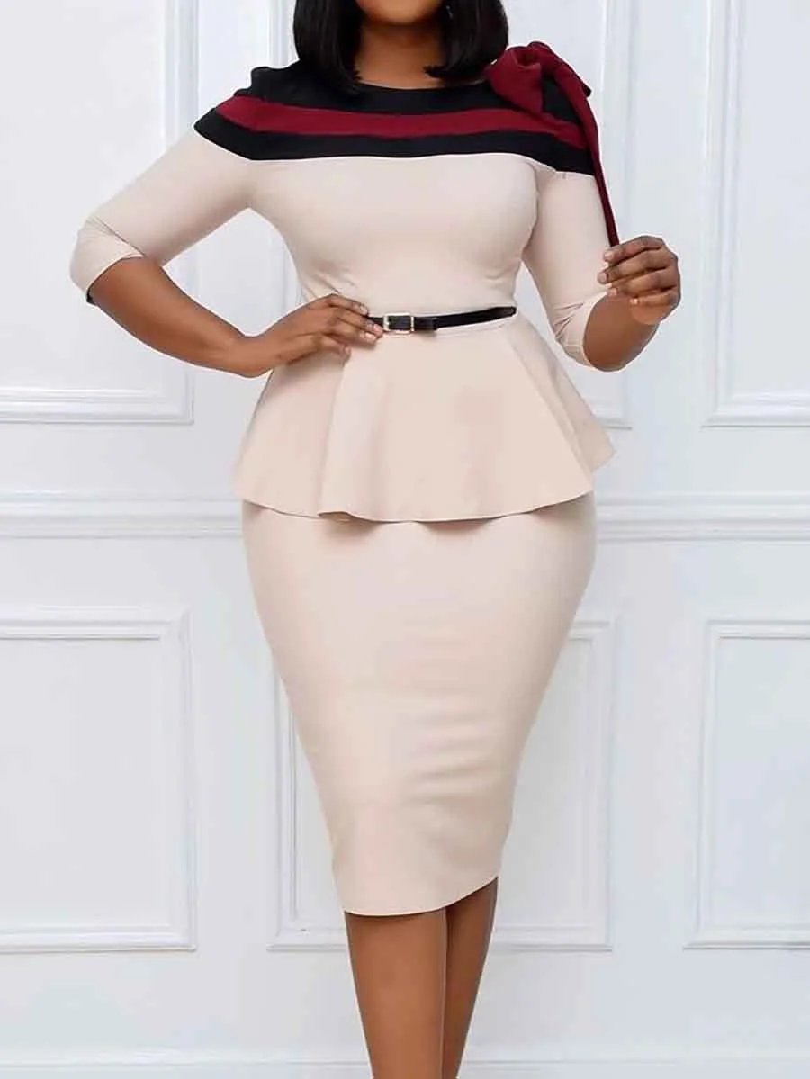 Elegant Long Sleeve Colorblock Midi Dress