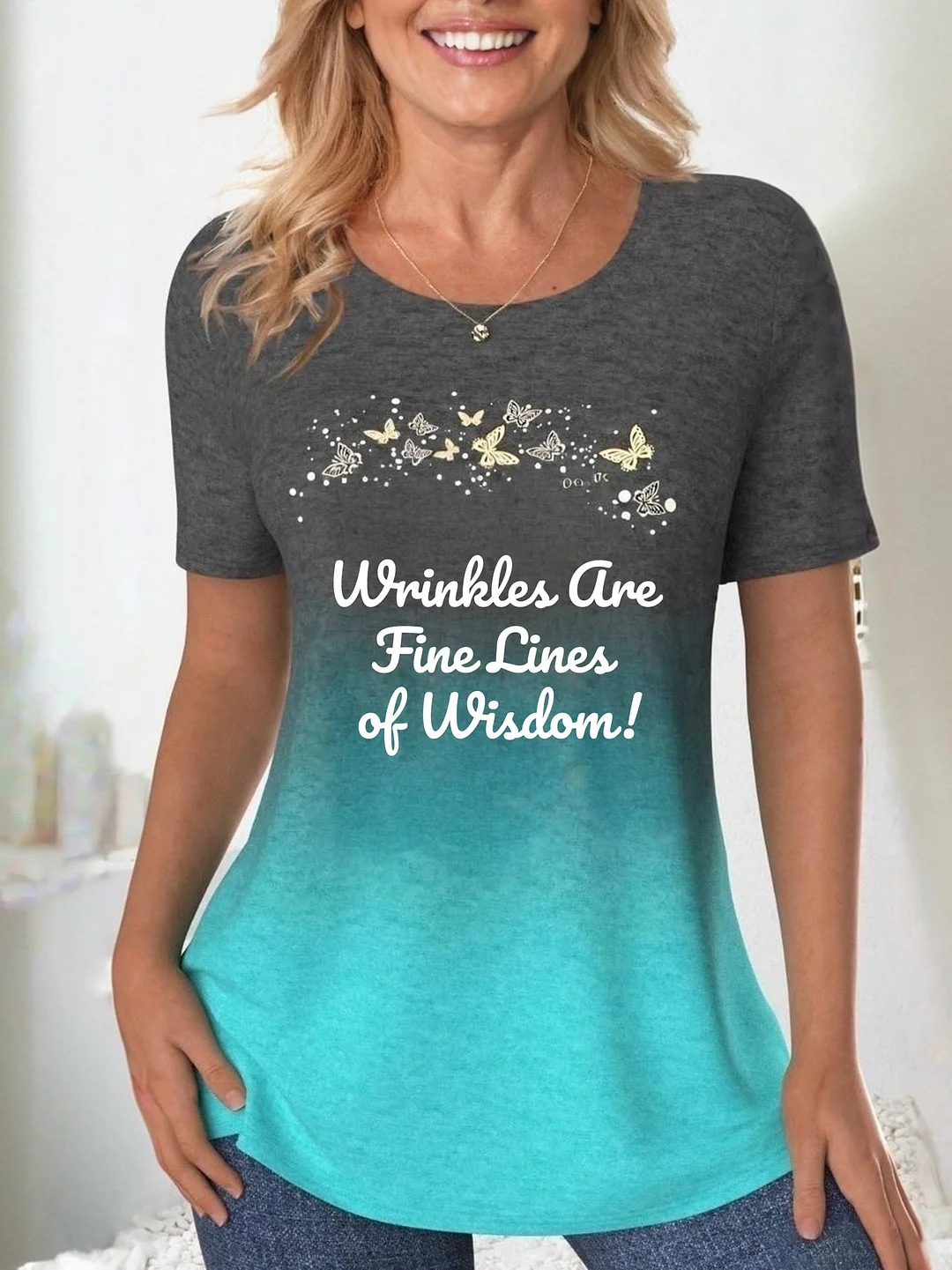 Women Gradient Short Sleeve Round-neck Black and Blue T-shirt Printed With  Wrinkles Are Fine Lines of Wisdom!