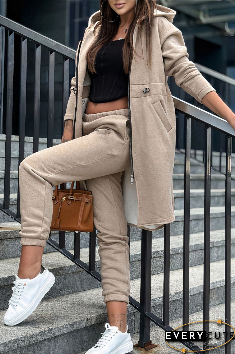 Split Zip Up Hooded Jacket & Slant Pocket Pants Set Without Crop Top