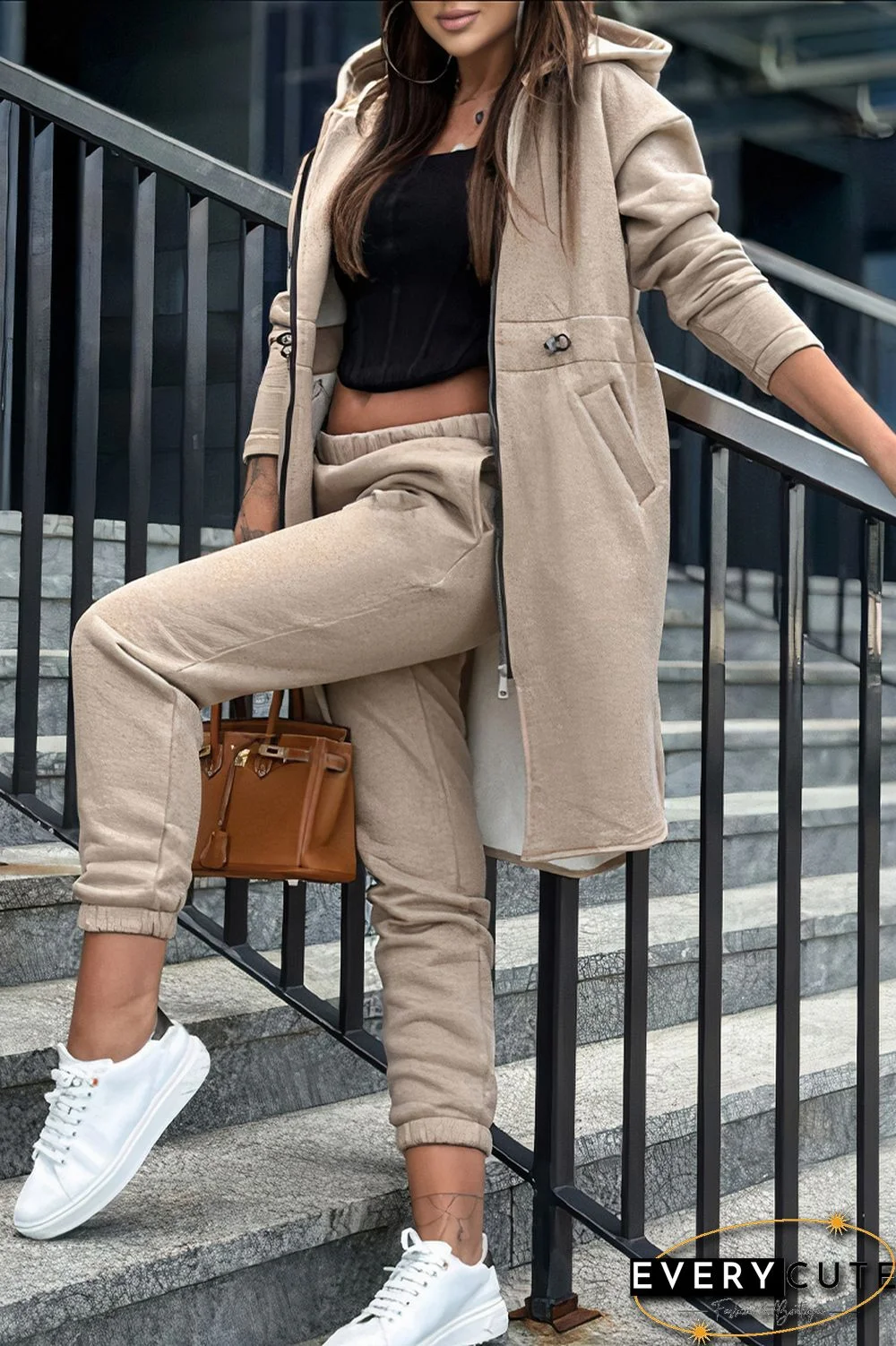 Split Zip Up Hooded Jacket & Slant Pocket Pants Set Without Crop Top