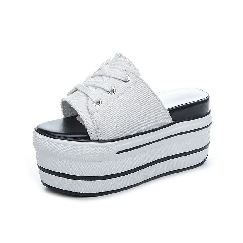 Fujin 9.5cm Super High Platform Flats Wedge Genuine Leather Women Summer Shoes Lace Up Open Toe Slides Slippers Mules Sandals