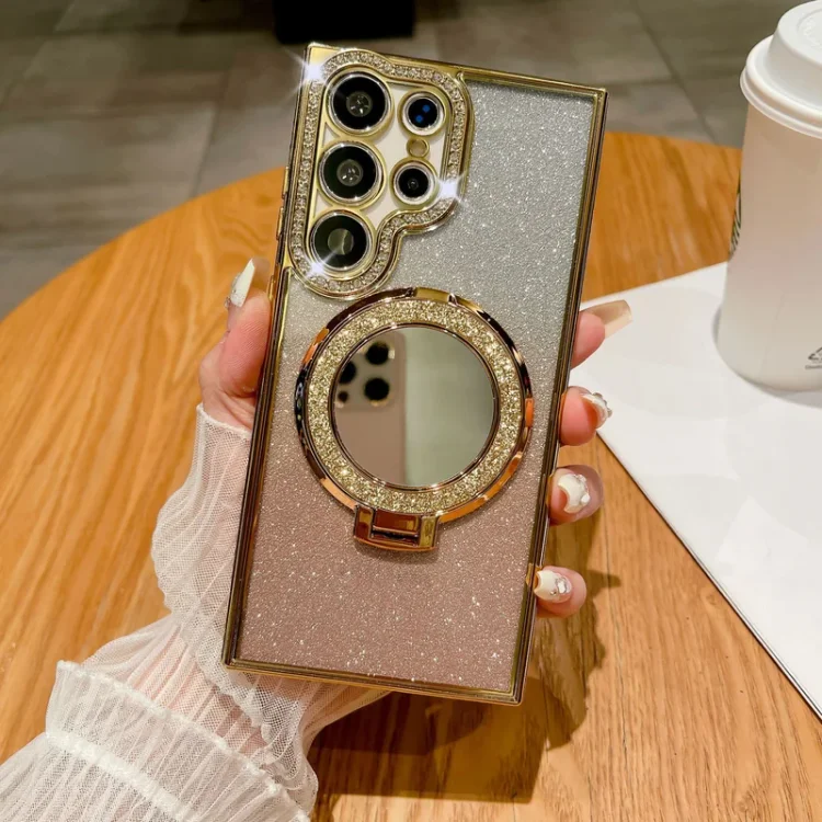 Capa magnética de strass com glitter Samsung com suporte e espelho de maquilhagem