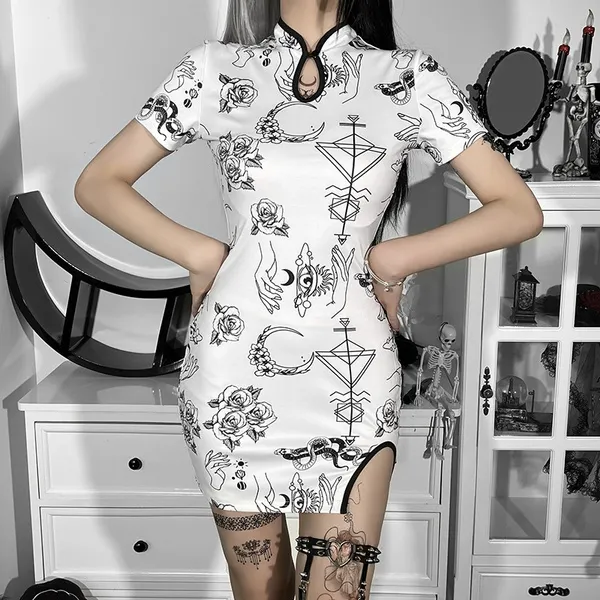 Womens Vintage Cheongsam Print Dress floral white short sleeve high waist skinny mini