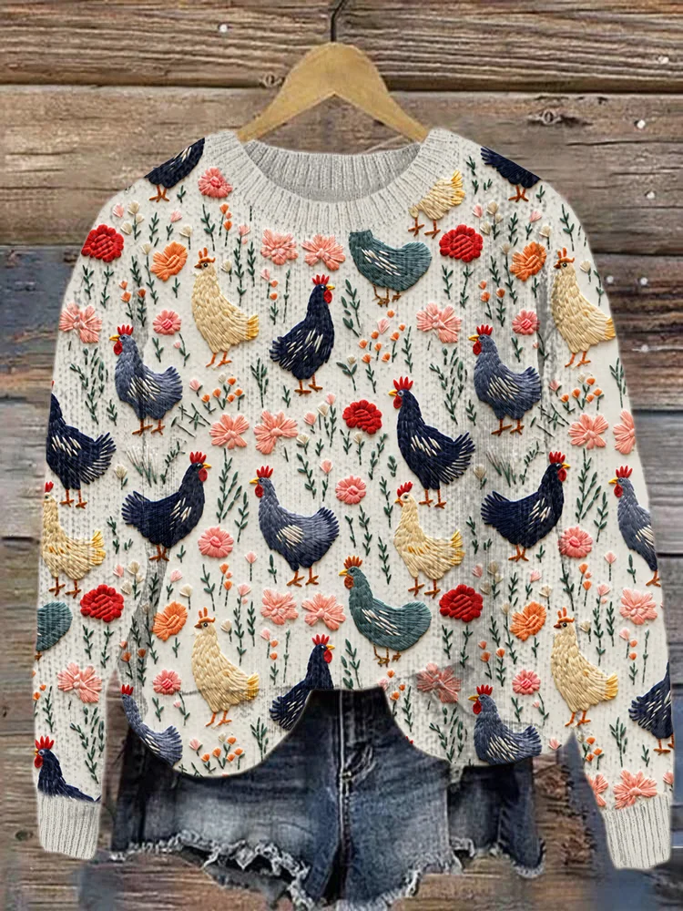 Farm Chicken & Floral Embroidery Art Cozy Knit Sweater