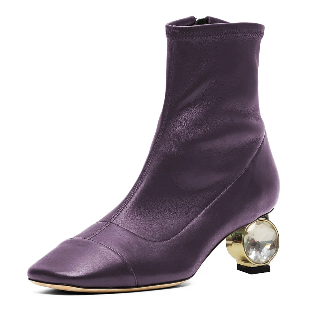 Purple Side Zipper Square Toe Crystal Decorative Heel Ankle Boots