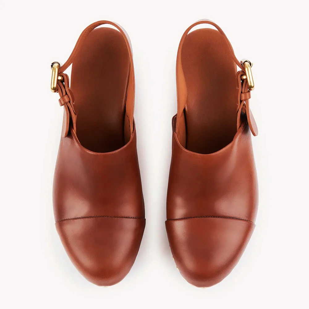 Tan Studded Block Heel Platform Clogs Slingback Pumps for Women