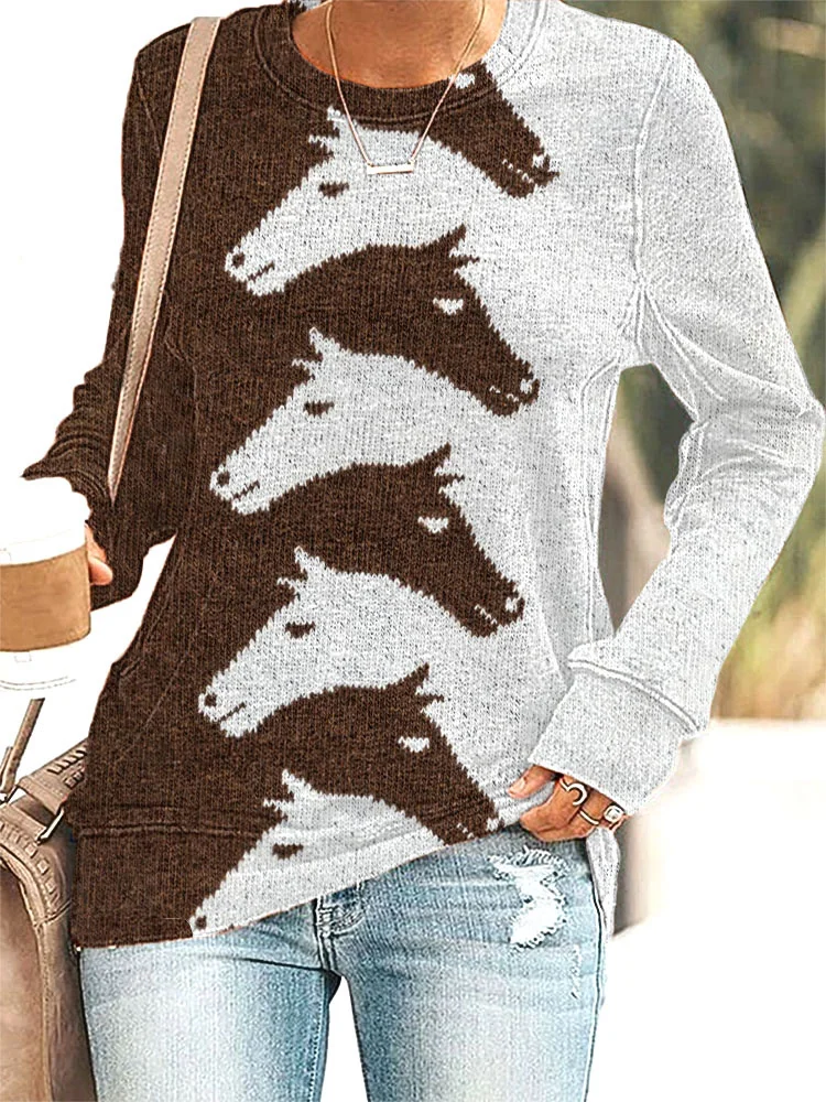 VChics Western Horses Knit Art Print Casual Sweatshirt