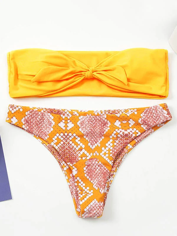 Leopard Print Color-Block Bandeau Split Bikini Swimsuit