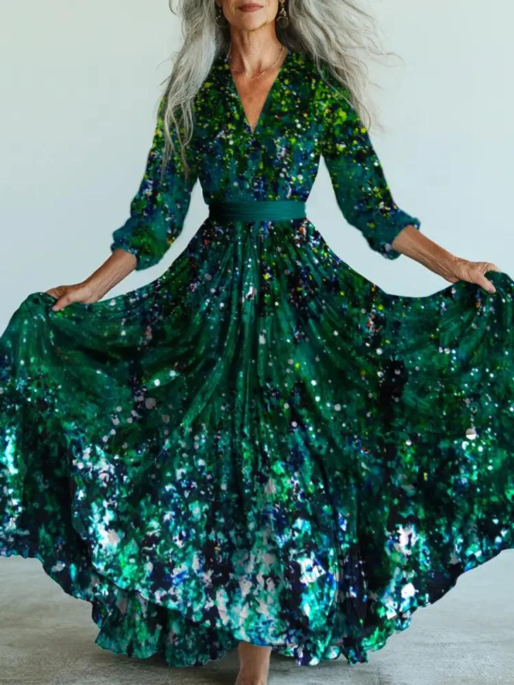 Retro Boho Floral Art Printed Vintage V-Neck Long Sleeves Midi Dress