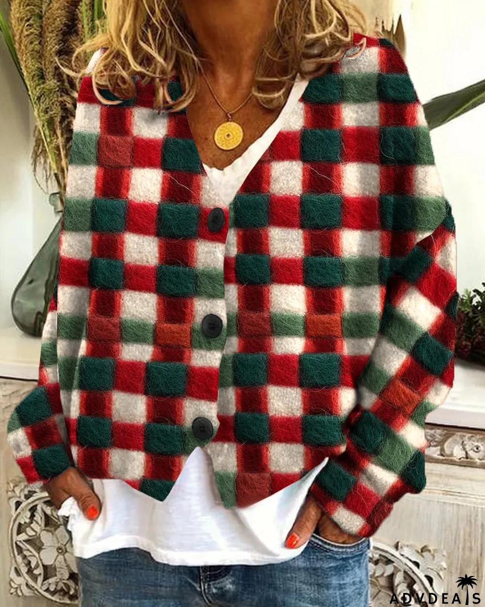Women's Embroidered Christmas Print Casual Loose Button Flannel Cardigan
