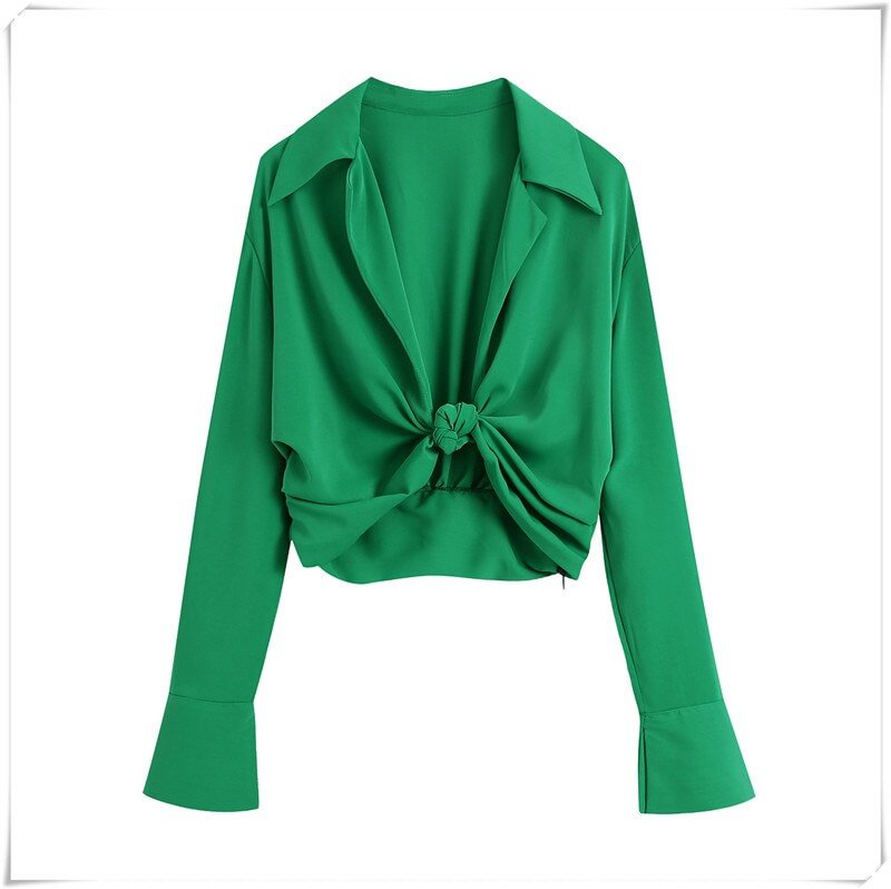 Zingj Sexy V Neck Green Blusas Mujer Za Women 2021 Long Sleeve Tie a Knot Crop Tops Casual Shirt