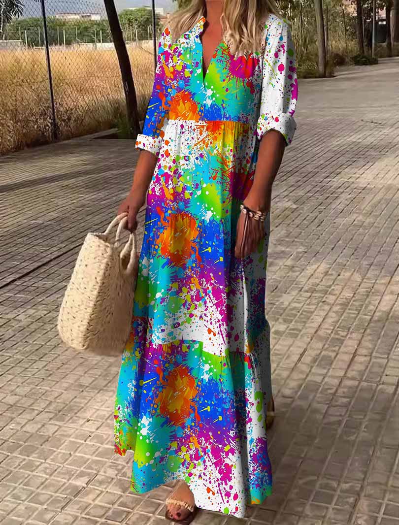 Women Graffiti,Color DZDN0857 SPU Printed Long Sleeve V-neck Maxi Dress