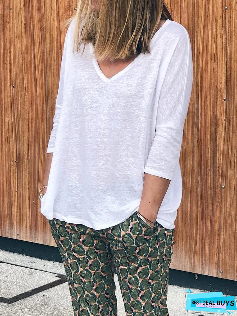 Casual Cotton-Blend V Neck T-shirt