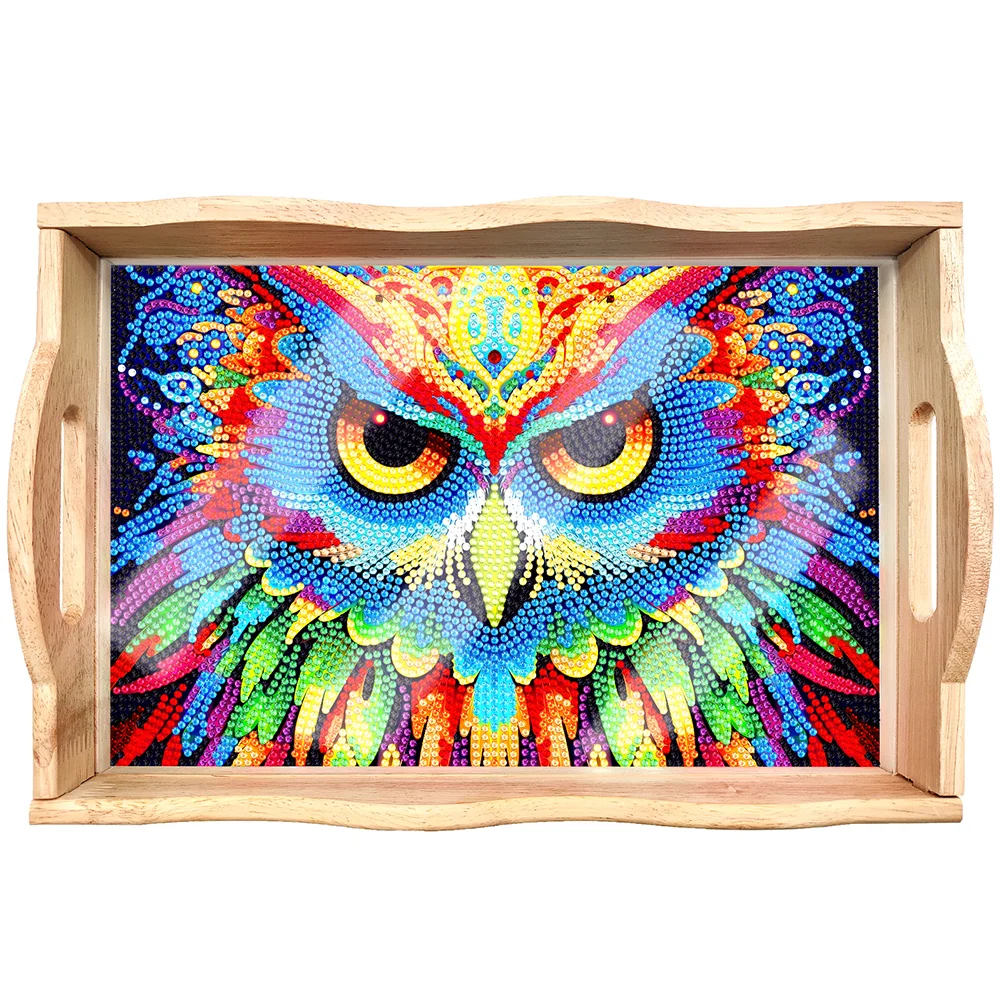 DIY Owl Diamond Painting Decorative Trays with Handle Coffee Table Tray for Serving Food