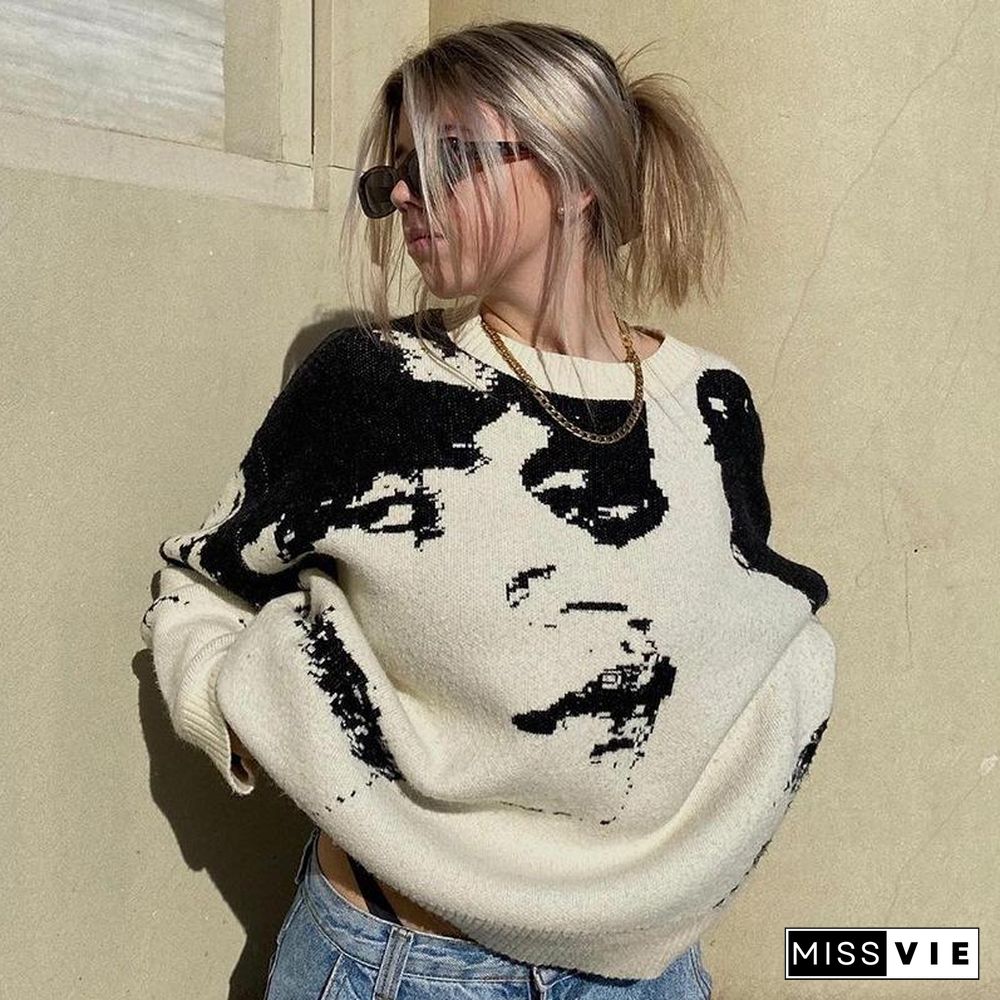 Loose Abstract Figure Printed Sweater