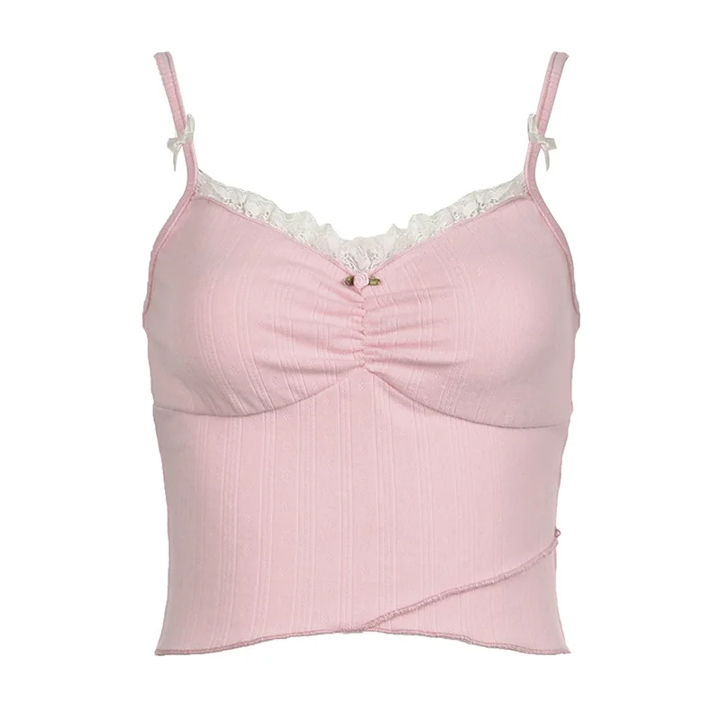 Ueong Desire Lace Lace Small Bow Stitching Young Girl Fresh V-Collar Small Sexy Pink Sling Vest