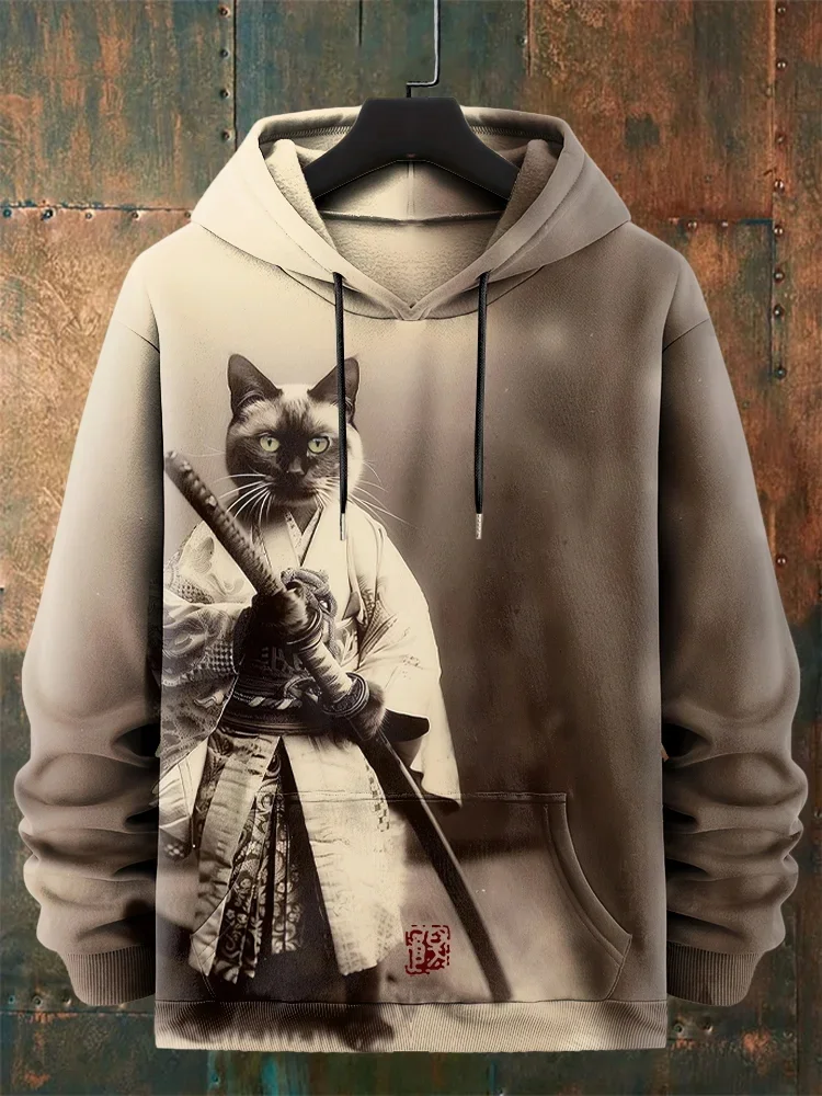Men's Japanese Samurai Cat Art Print Casual Hoodie