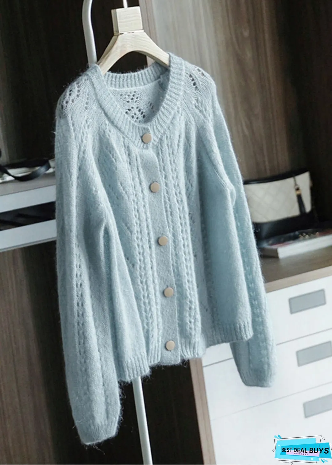 Vintage Sky Blue Oversized Chunky Knit Cardigan Spring
