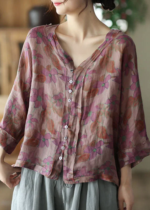 Purple Print Linen Shirt Tops V Neck Button Summer