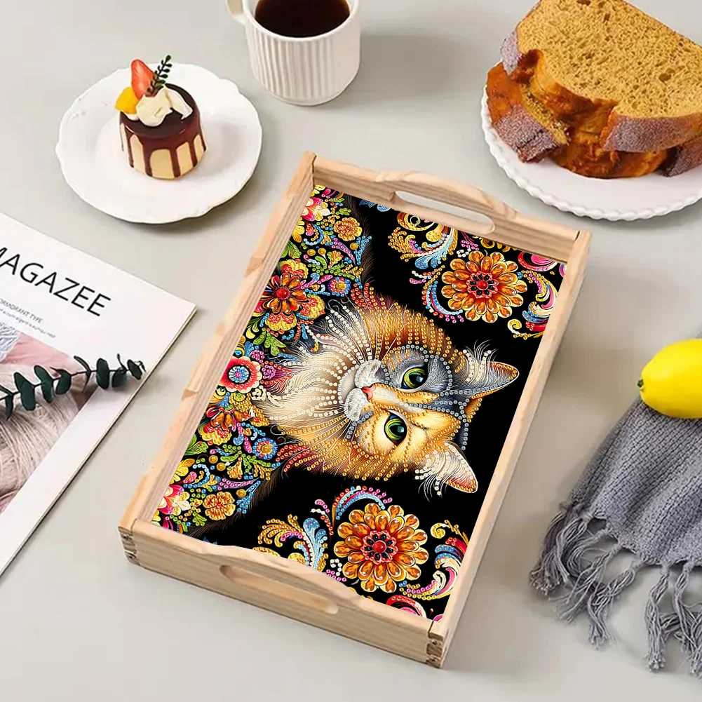 5D DIY Flower Cat Diamond Painting Wooden Serving Tray with Handle for Desk