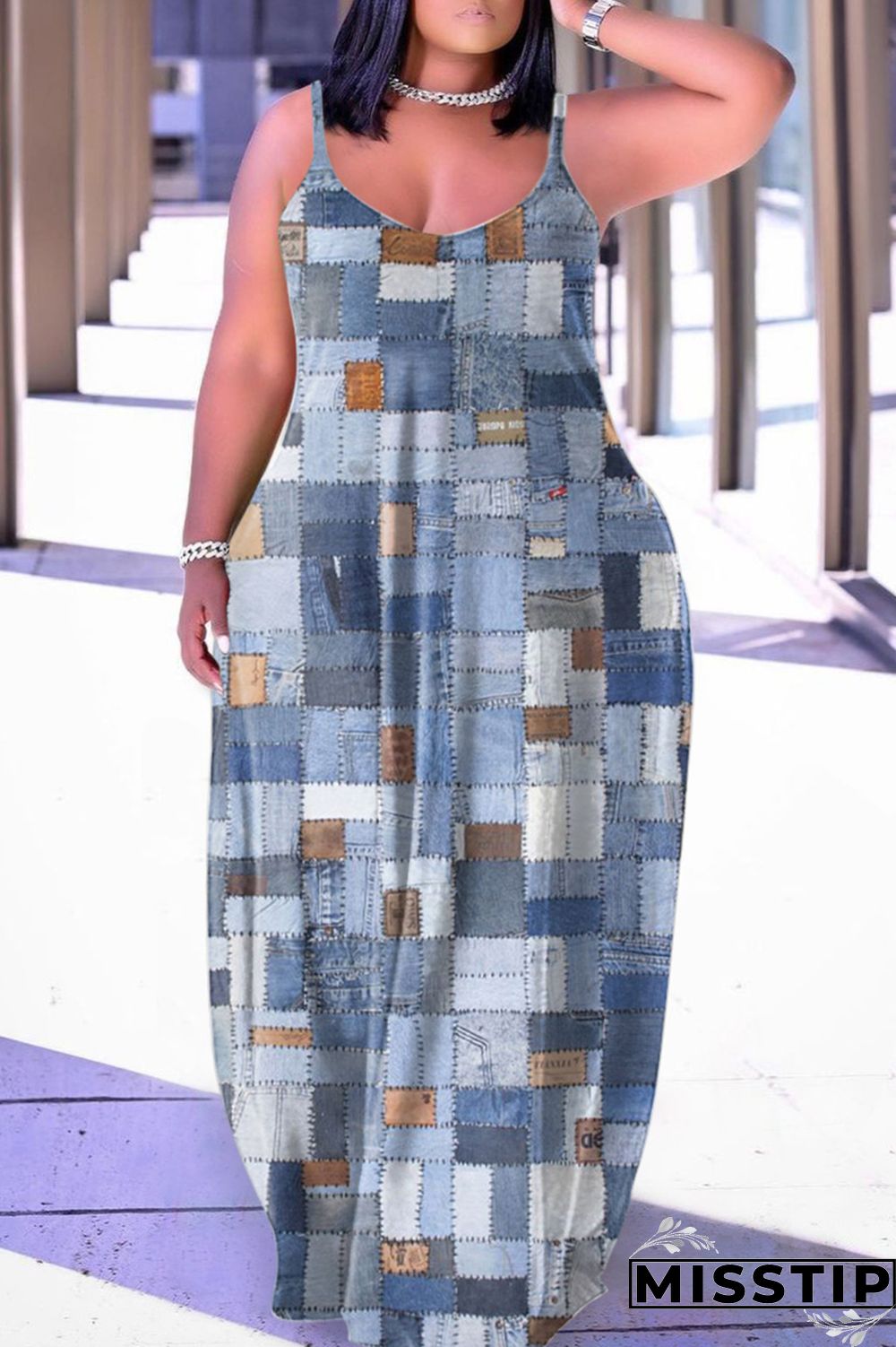 Grey Sexy Casual Print Backless Spaghetti Strap Long Dress Dresses