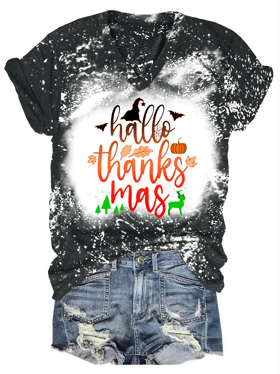 Merry Hallothanksmas Print V-neck T-shirt