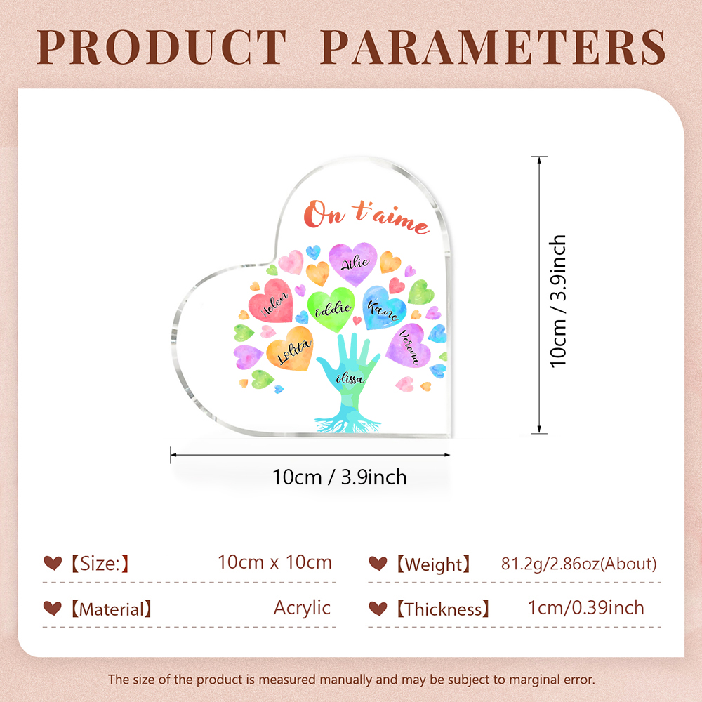 Plaque Acrylique en Forme de Cœur 7 Prénoms Personnalisés avec Texte pour Famille