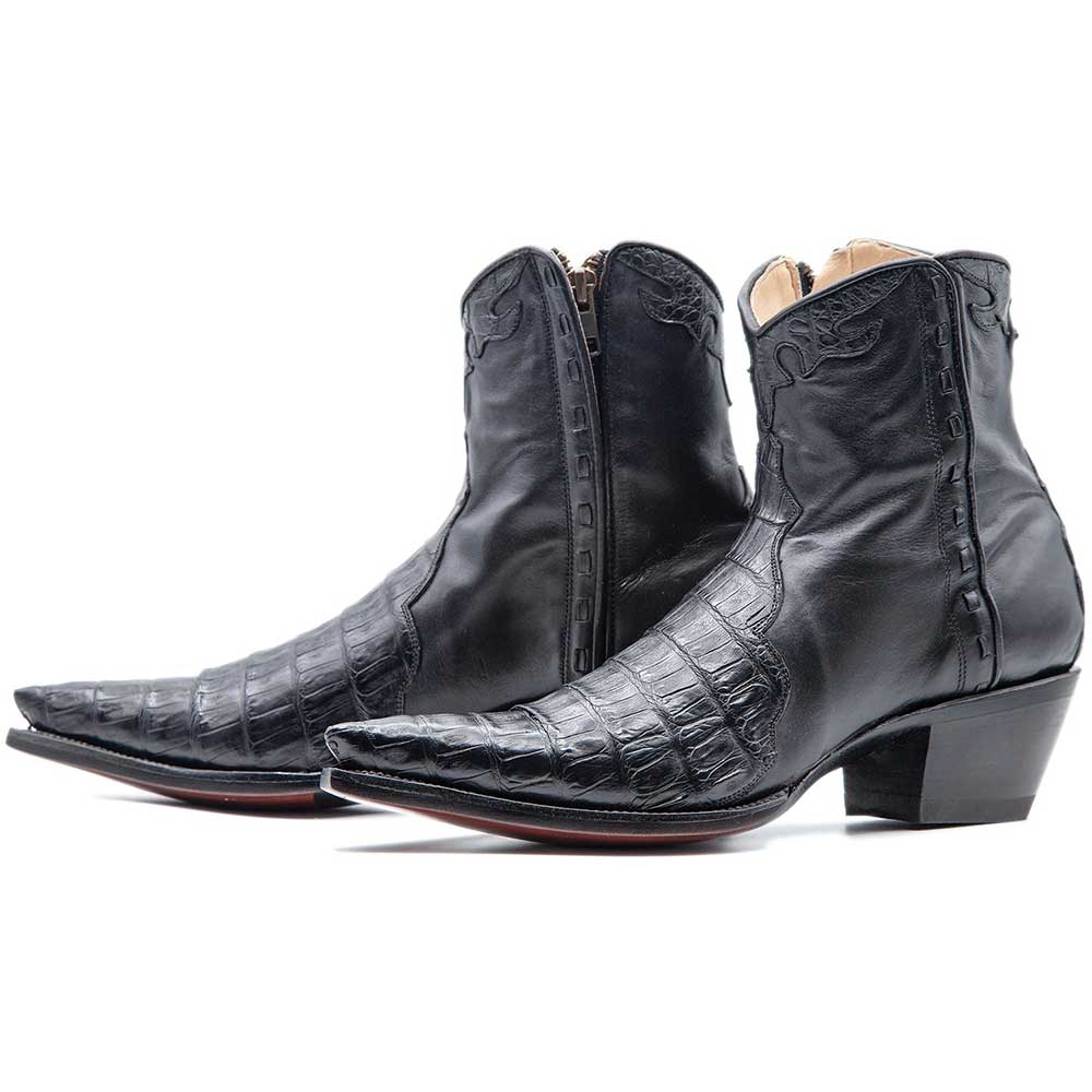 Black Croco Embossed Zip Pointed Toe Chunky Heel Cowgirl Ankle Boots Nicepairs