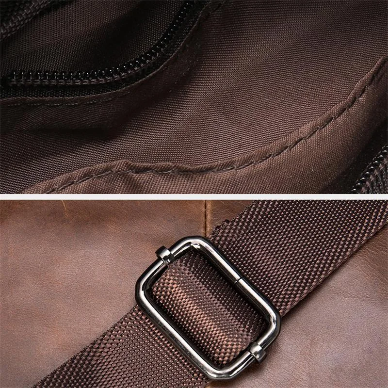 Soft Genuine Leather Adjustable Strap Earphone Jack Multi-Pocket Chest Bag