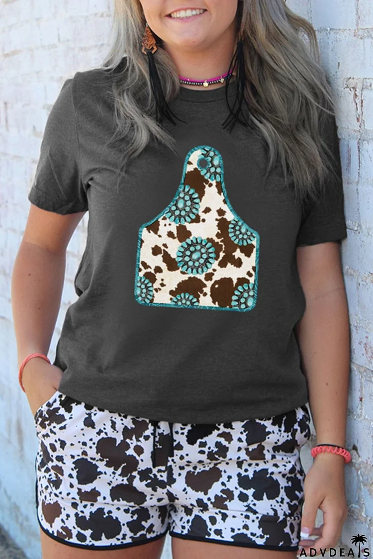 Solid Gray Turquoise Cow Ox Horn Tag Graphic Tee