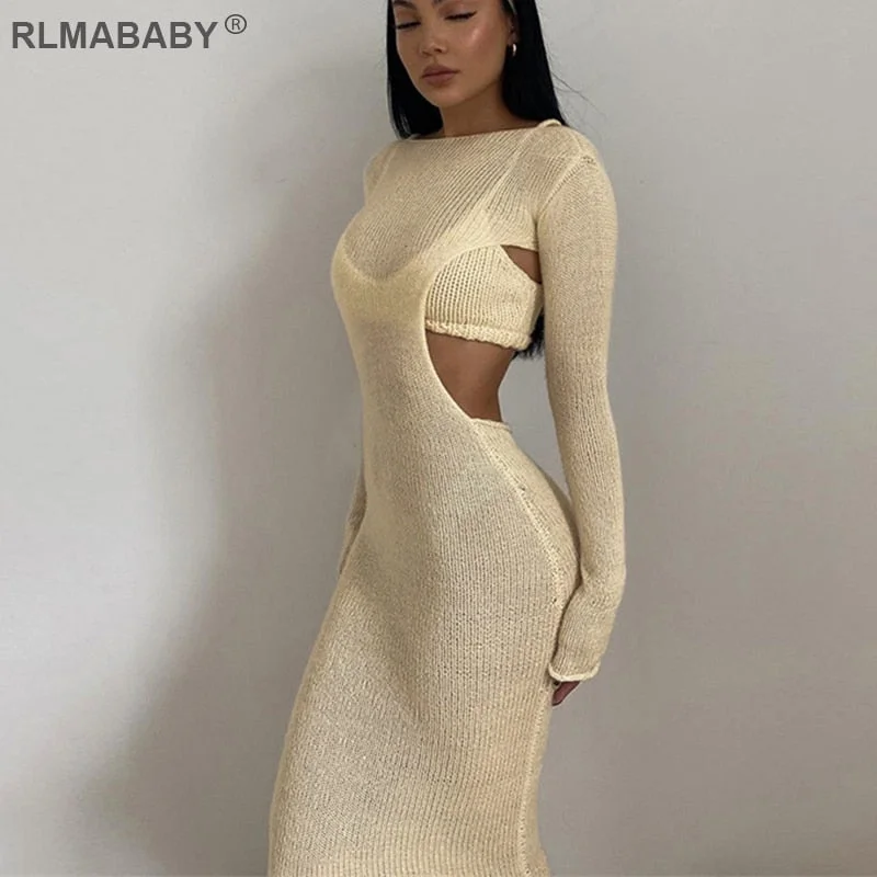 Knitted Sweater 2 Piece Set Suit Women Sexy Bacless Long Sleeve Maxi Bodycon Dress And Spaghetti Strap Cropped Top Outfits Set