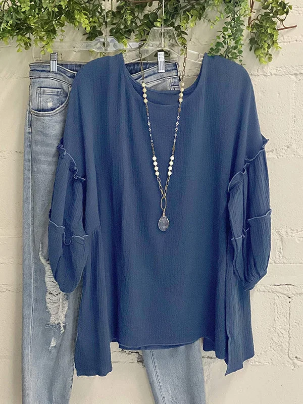 Western Style Women's Pure Color Pleated Top